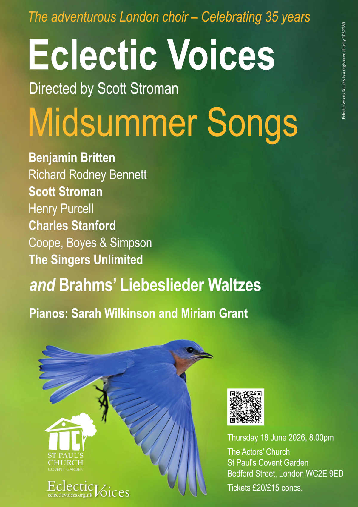 Poster for Midsummer Songs with bluebird on green background
